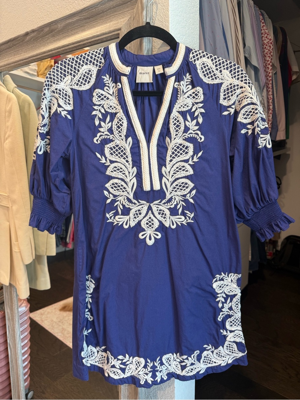 Anthropologie Navy Blue Mini Dress with White Embroidery